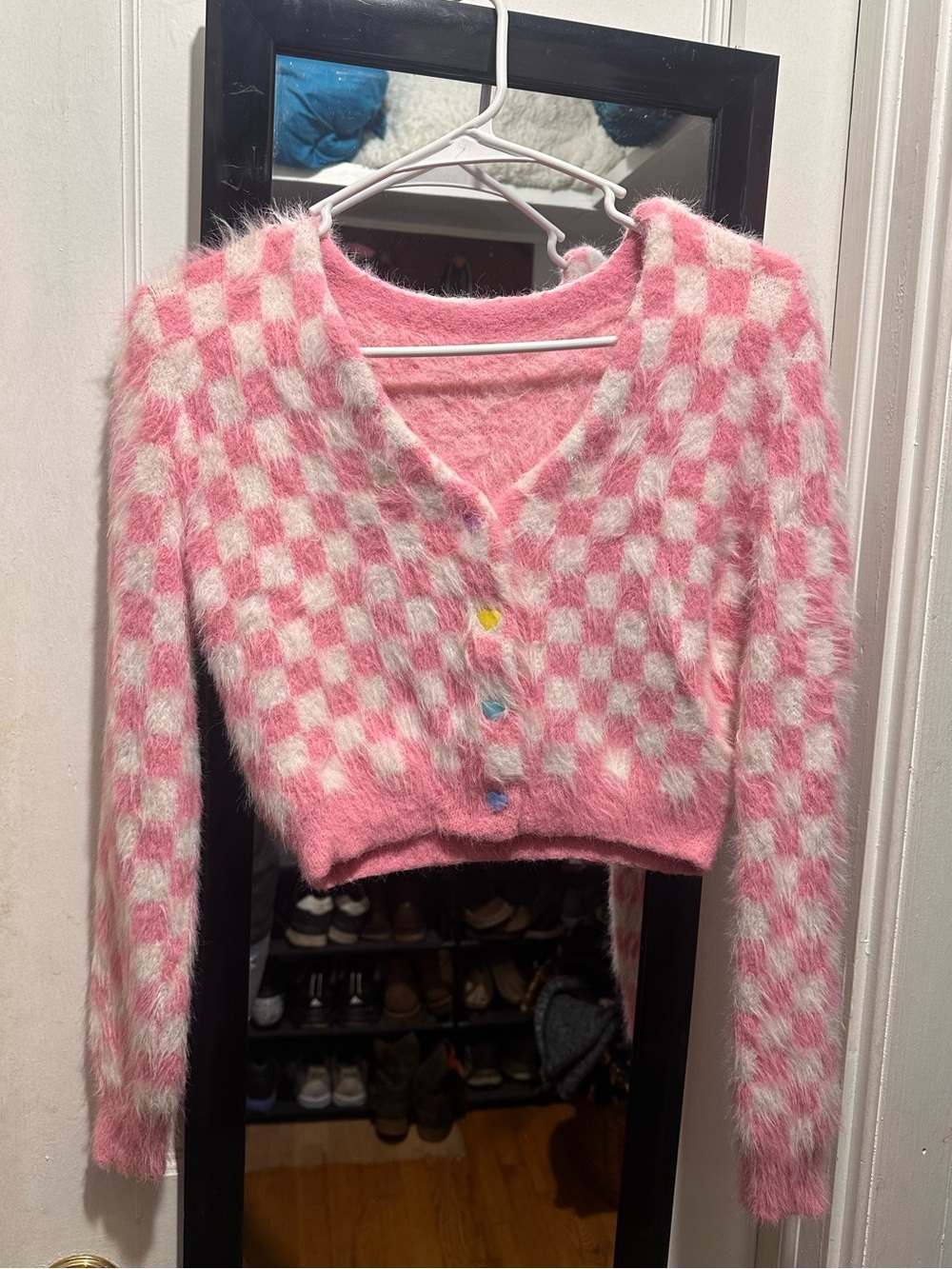 Custom made Checkered Fuzzy Cropped Cardigan